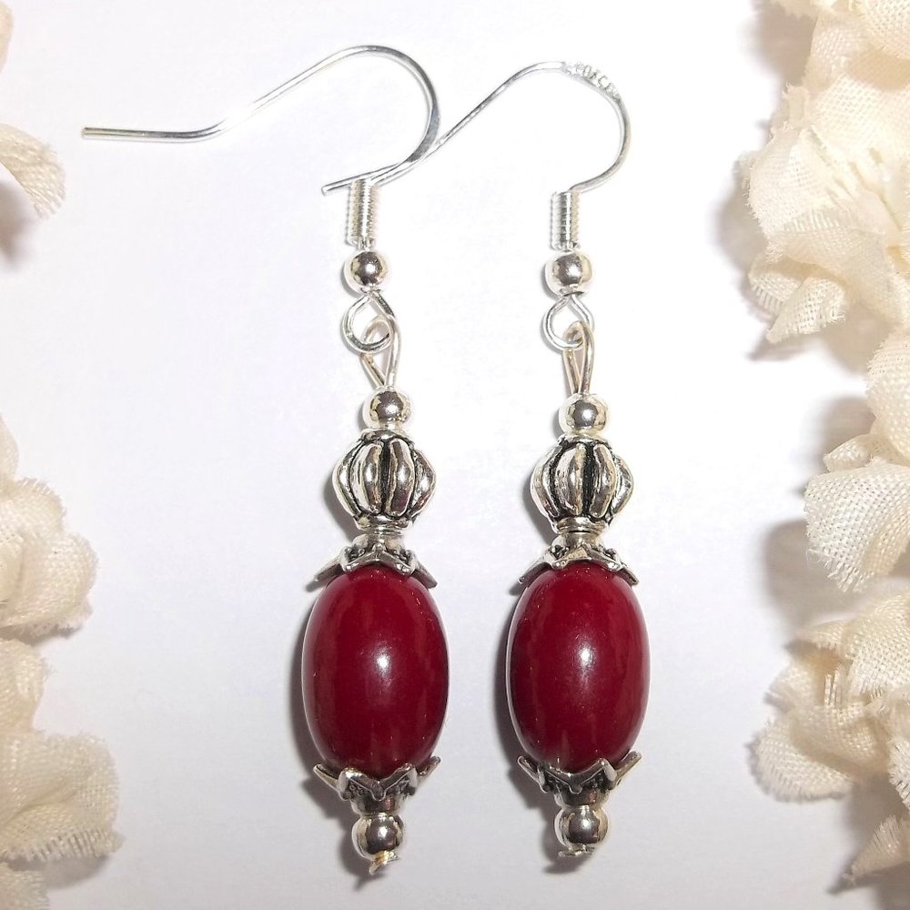 Maroon Red and Silver Beaded Dangle Earring Set Handmade Gift Idea Girl Mom 6965
